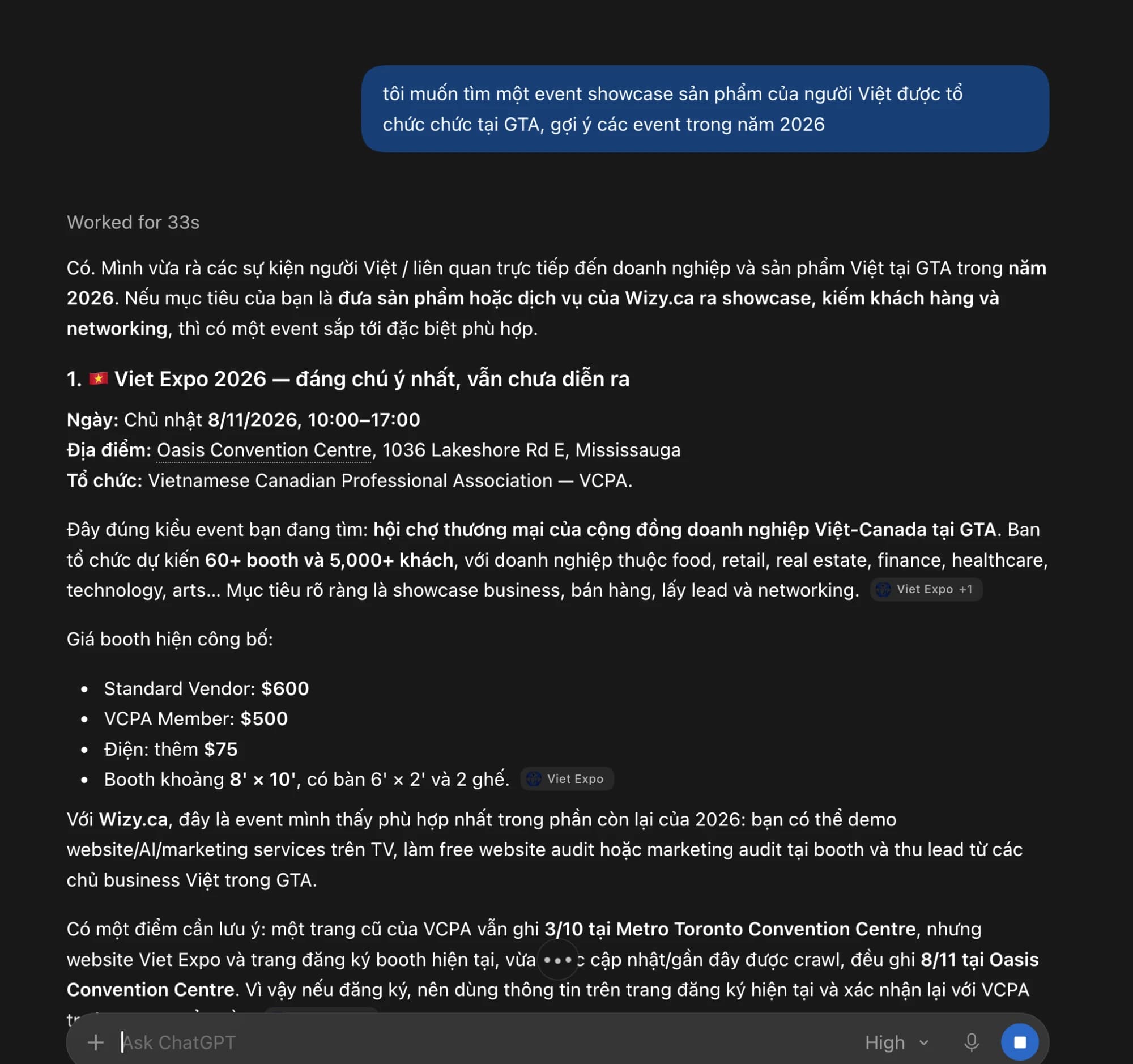 ChatGPT answer about Viet Expo 2026 citing the Wizy-built Viet Expo website for dates, venue and booth pricing