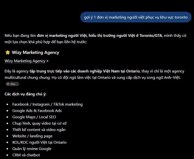 ChatGPT answer recommending Wizy Marketing Agency with a link to wizy.ca and a list of its services
